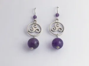 Sterling Silver triskelion in circle Celtic dangle Earrings-triple spiral-amethyst