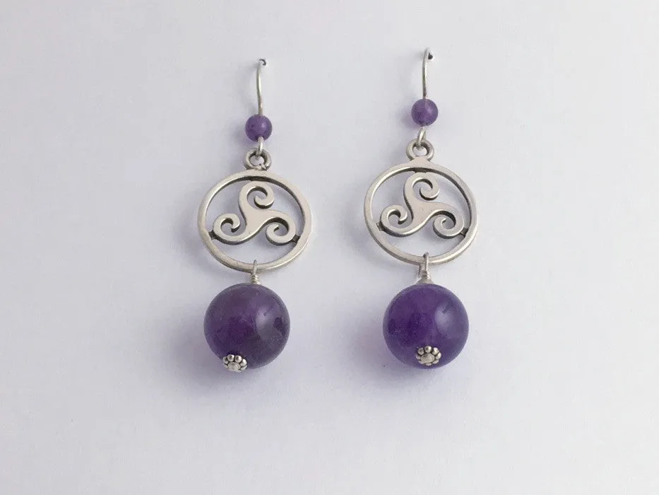 Sterling Silver triskelion in circle Celtic dangle Earrings-triple spiral-amethyst
