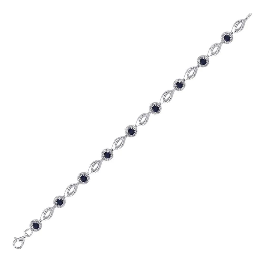 Sterling Silver Womens Round Lab-Created Blue Sapphire Tennis Bracelet 3 Cttw