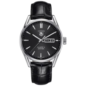 Tag Heuer Calibre 5 Black Leather Strap Black Dial Automatic Watch for Gents - WAR201A.FC6266