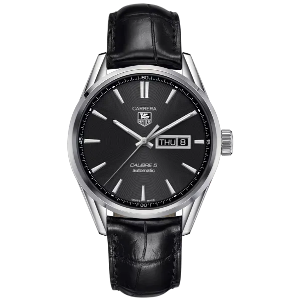 Tag Heuer Calibre 5 Black Leather Strap Black Dial Automatic Watch for Gents - WAR201A.FC6266