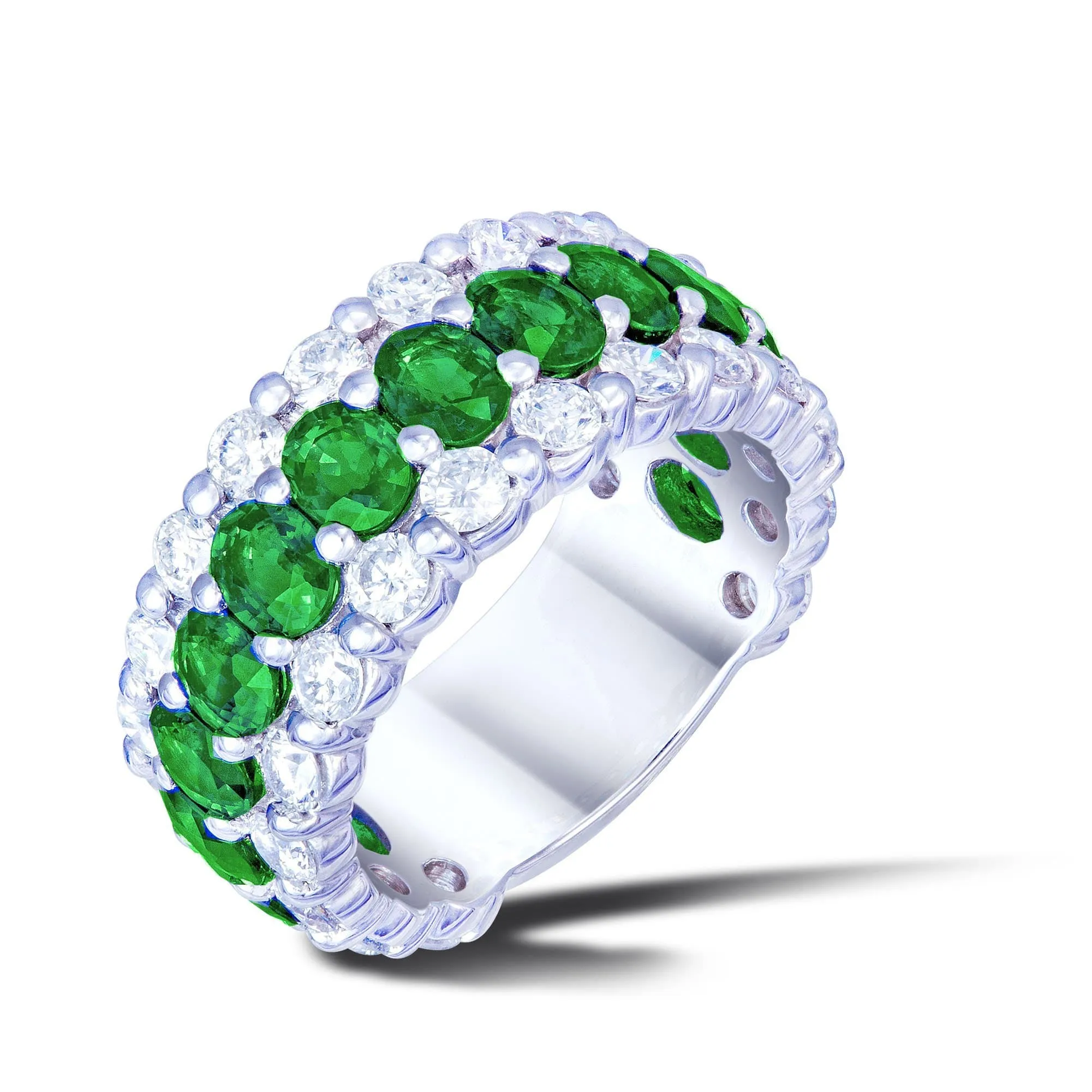 The Classic Green Emerald White Diamond White Gold Band Ring For Her 18K