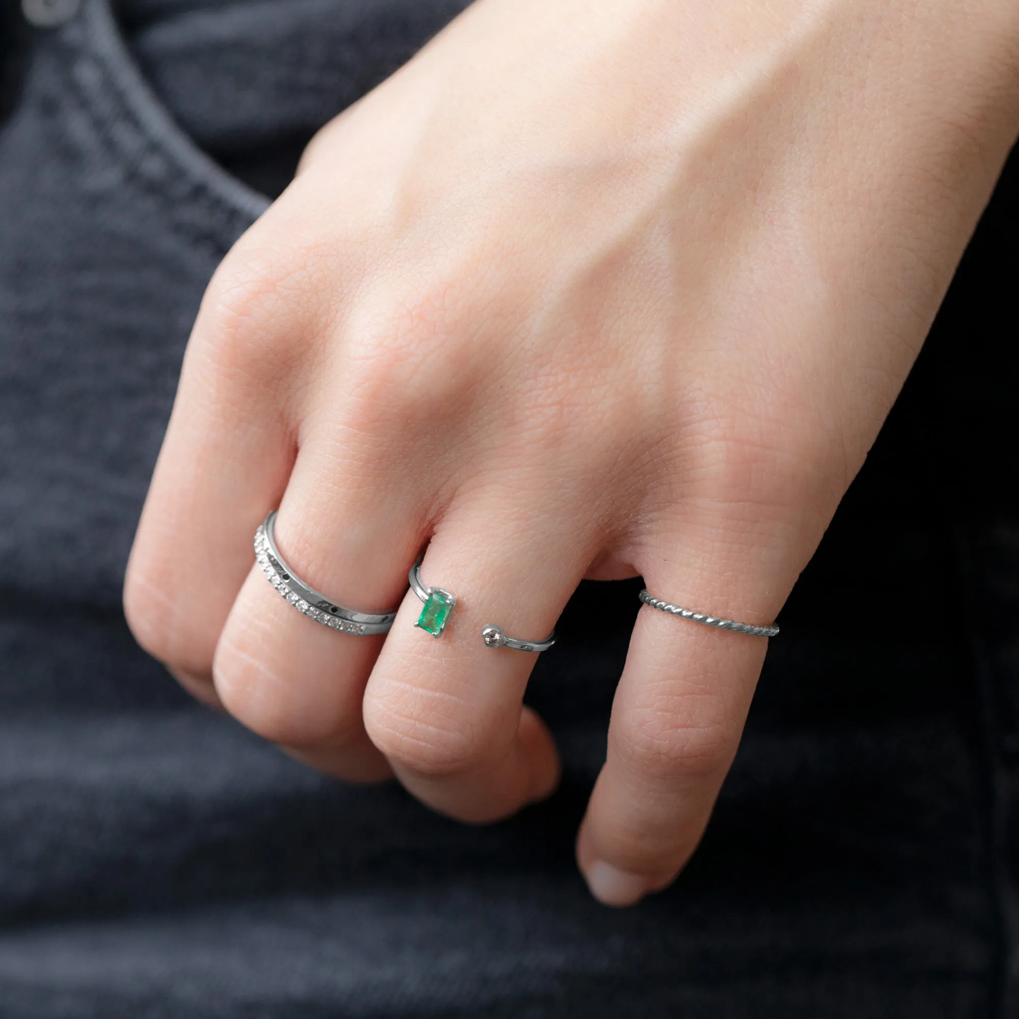 The Open Cuff Emerald   Diamond Ring | 14K White Gold