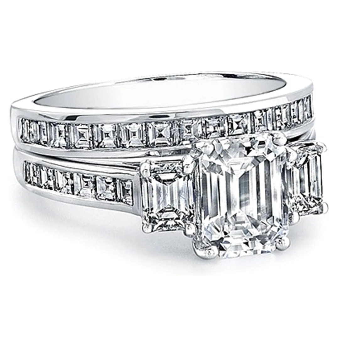 Three Stone Emerald Cut Engagement Ring w/ Square Emerald Channel-Set Side Stones