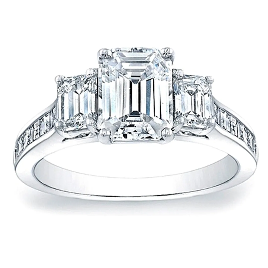 Three Stone Emerald Cut Engagement Ring w/ Square Emerald Channel-Set Side Stones