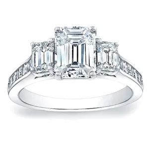 Three Stone Emerald Cut Engagement Ring w/ Square Emerald Channel-Set Side Stones