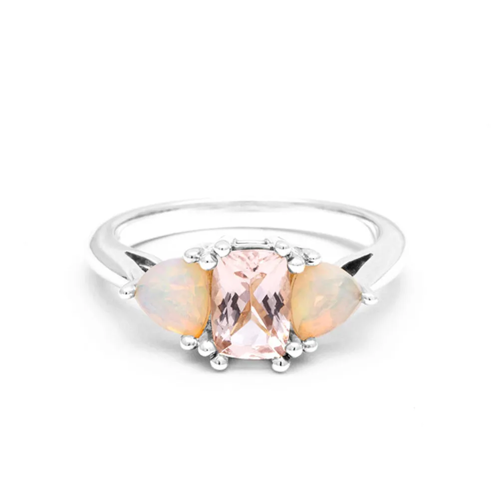 THREE STONE ENCHANTMENT ENGAGEMENT RING | 14K GOLD | MORGANITE & OPAL