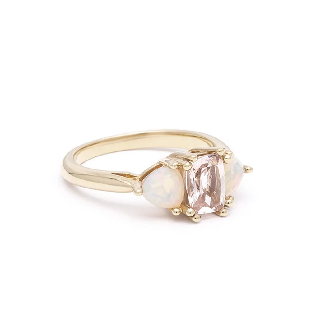 THREE STONE ENCHANTMENT ENGAGEMENT RING | 14K GOLD | MORGANITE & OPAL