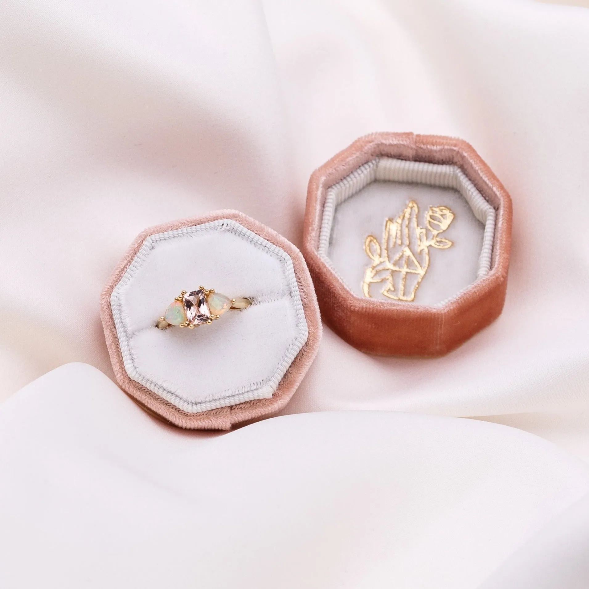THREE STONE ENCHANTMENT ENGAGEMENT RING | 14K GOLD | MORGANITE & OPAL