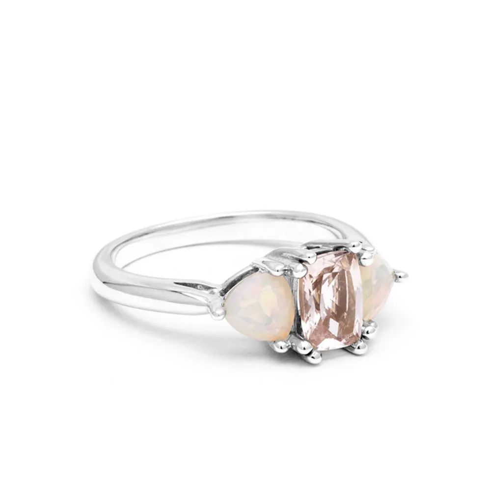 THREE STONE ENCHANTMENT ENGAGEMENT RING | 14K GOLD | MORGANITE & OPAL