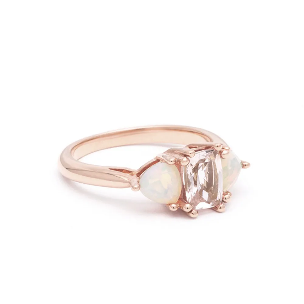 THREE STONE ENCHANTMENT ENGAGEMENT RING | 14K GOLD | MORGANITE & OPAL