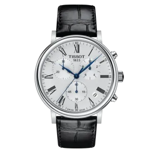 Tissot Carson Premium Black Leather Strap Silver Dial Chronograph Quartz Watch for Gents - T122.417.16.033.00