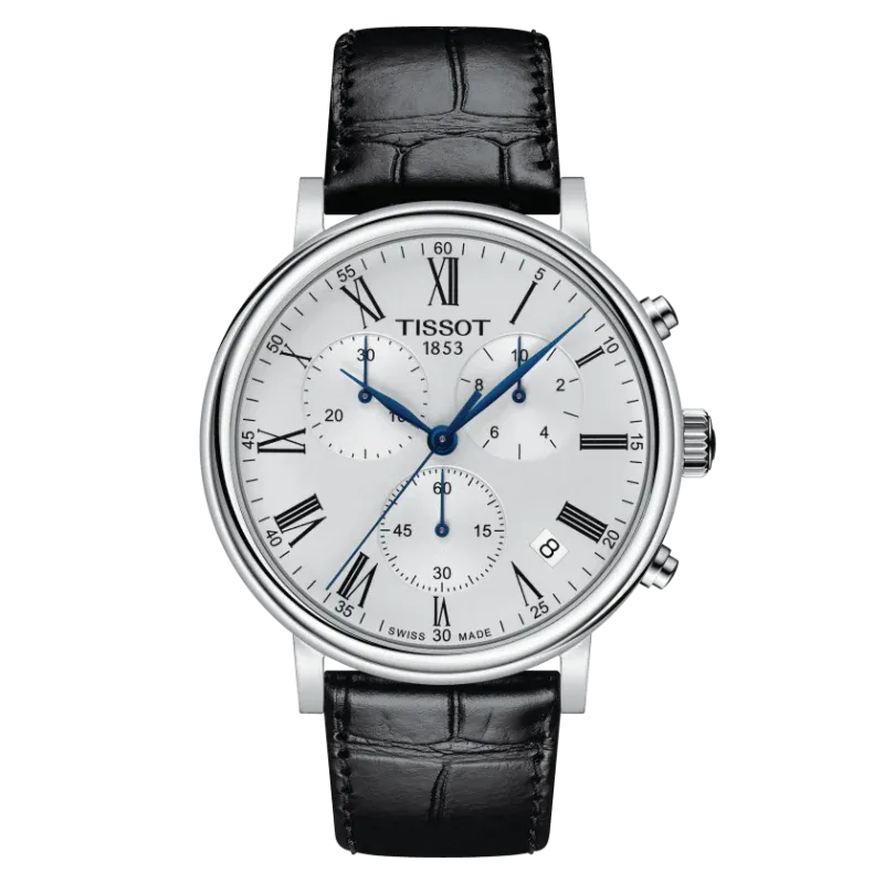 Tissot Carson Premium Black Leather Strap Silver Dial Chronograph Quartz Watch for Gents - T122.417.16.033.00