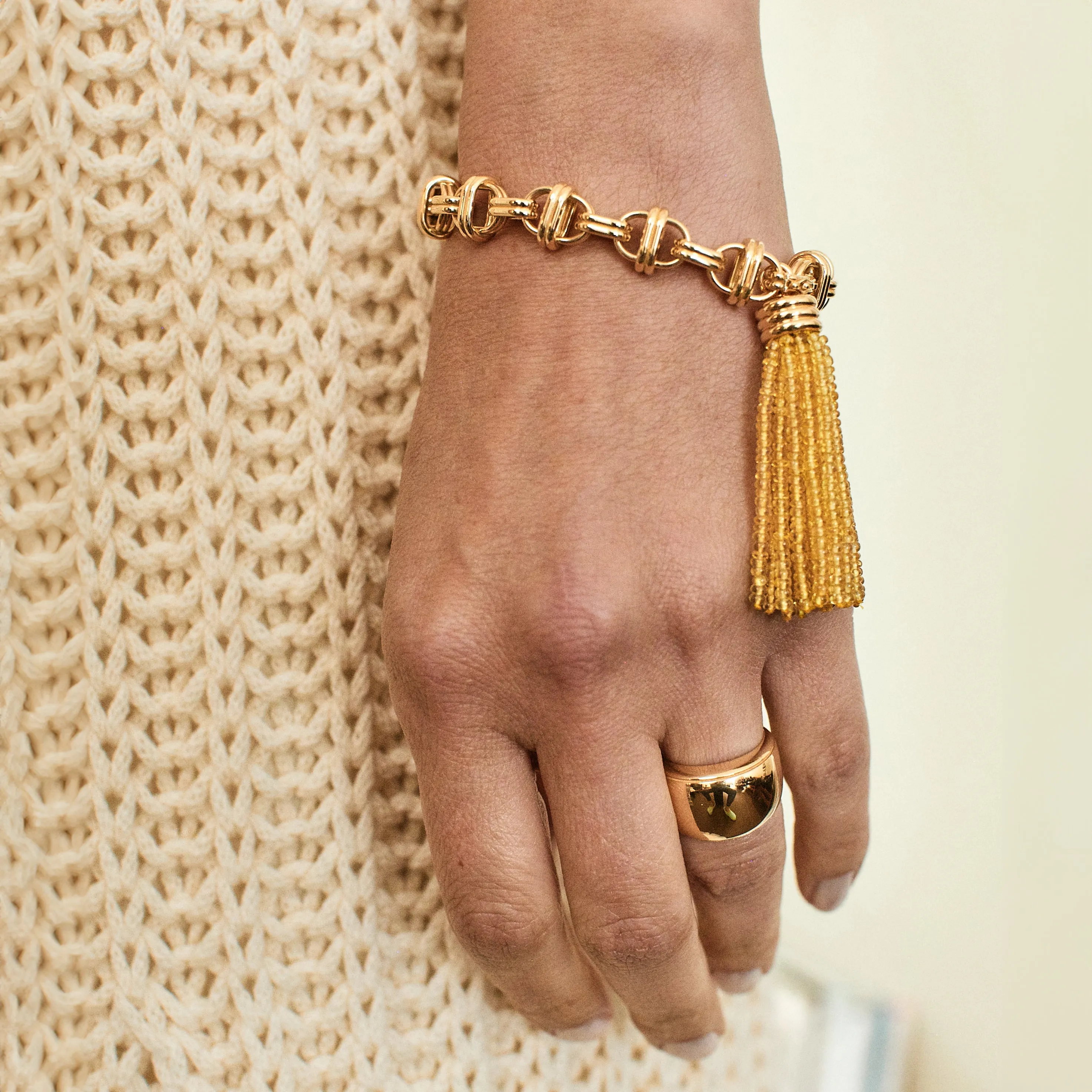 Triple Tassel Yellow Sapphire Rondelles Pendant with Oval Link Bracelet 7.75" Large, 18K Yellow Gold