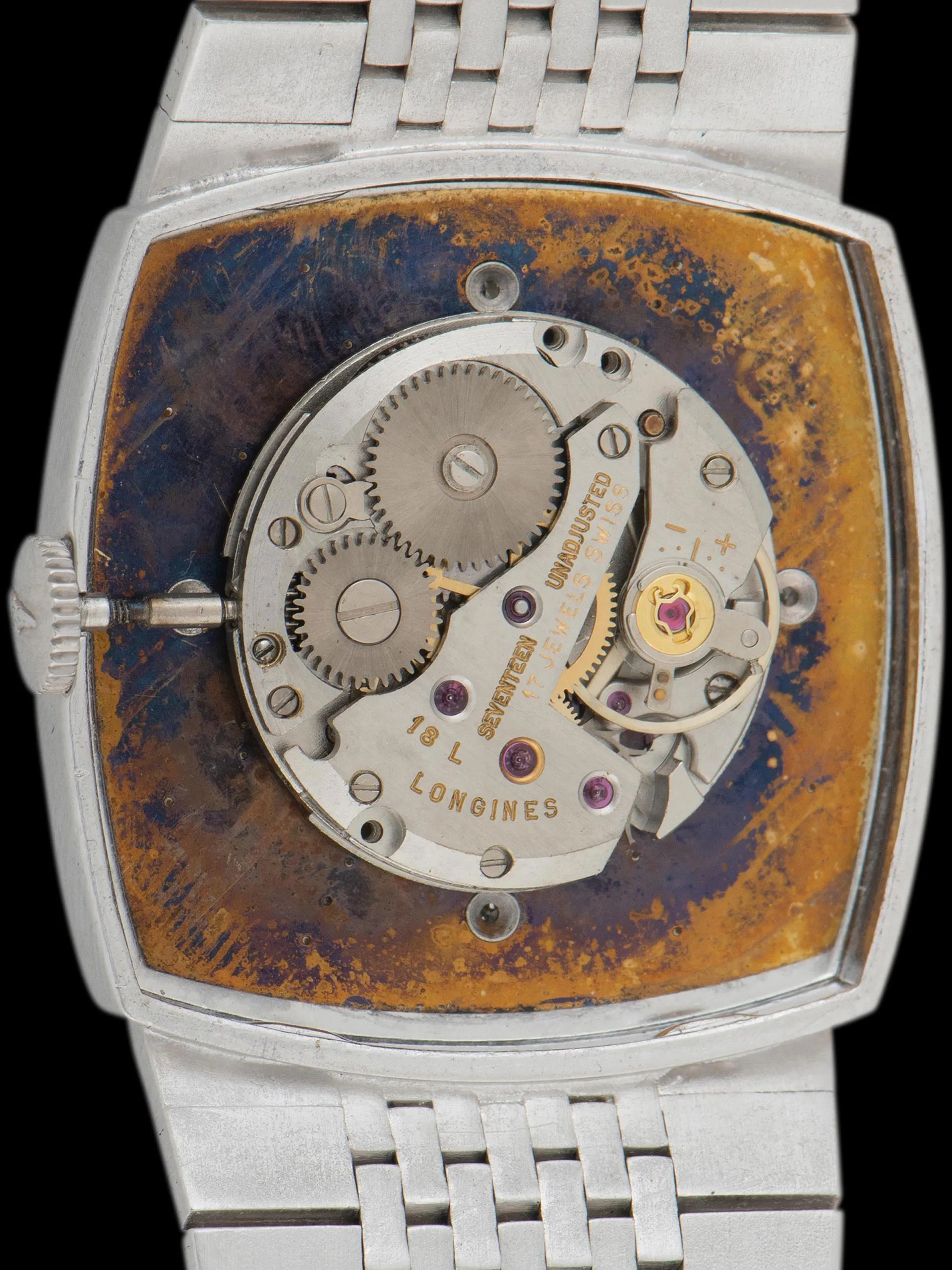 Tropical 1960s Longines Stainless Steel Bracelet Watch "Cal. 18L" (Ref. 1075) Blue "Mosaic" Diamond Dial