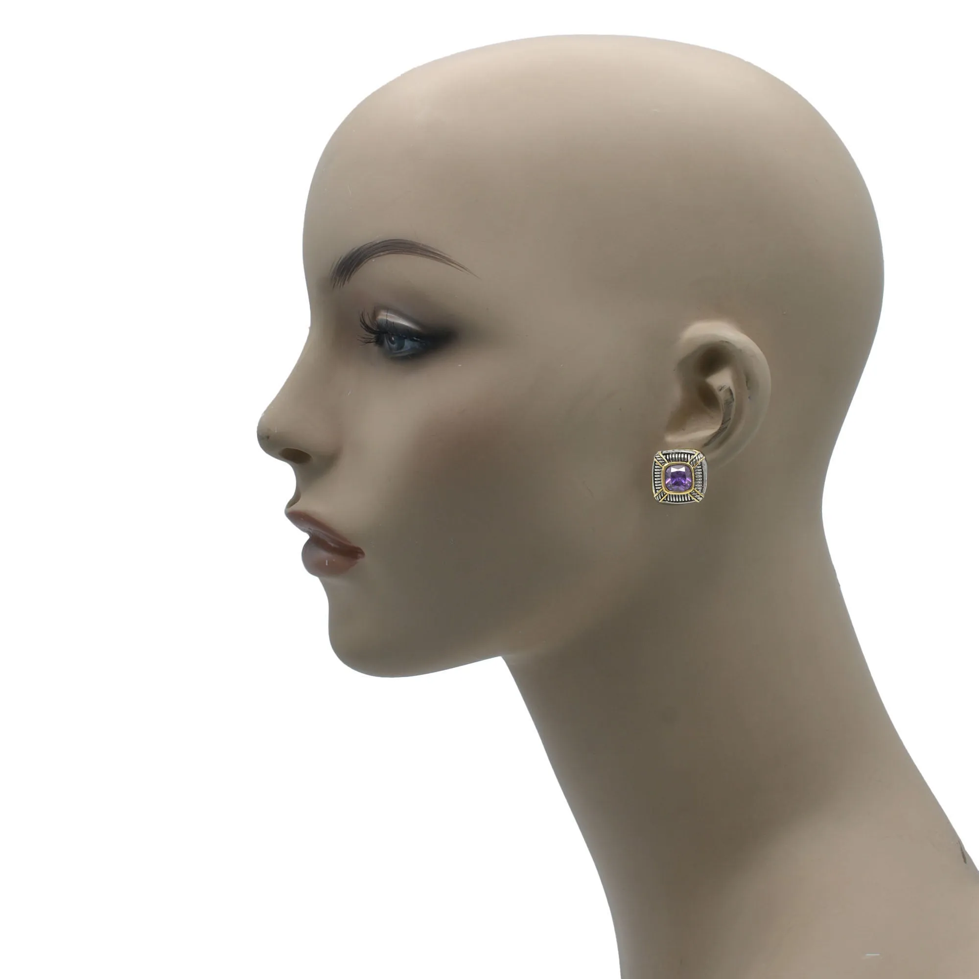 TWO TONE AMETHYST CRYSTAL SQUARE EARRINGS SET#93012ER-AM(FB8)