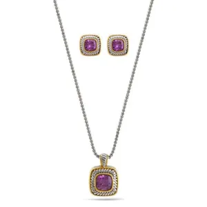 TWO TONE AMETHYST CRYSTAL SQUARE PENDANT NECKLACE AND EARRINGS SET #JJSET-1959AM