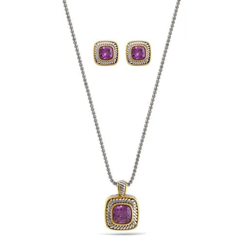 TWO TONE AMETHYST CRYSTAL SQUARE PENDANT NECKLACE AND EARRINGS SET #JJSET-1959AM