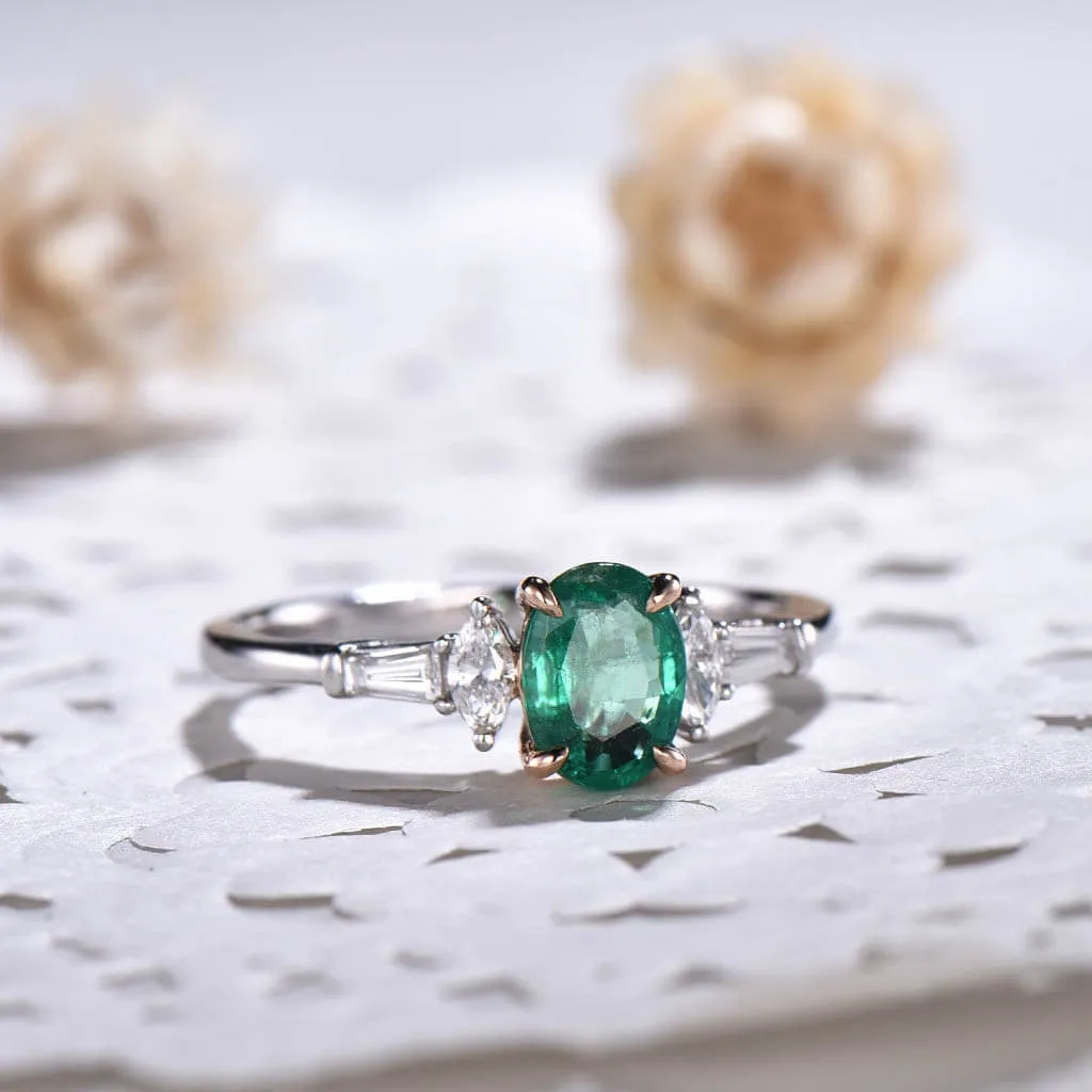 Two Tone Natural Oval Emerald Diamond Engagement Ring