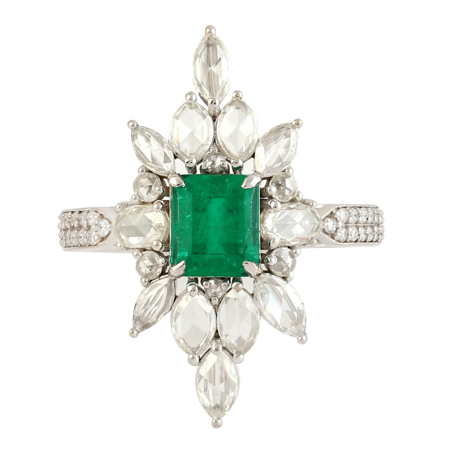 Uncut Diamond Rose Cut Diamond Emerald Wedding Long Ring in 18k White Gold