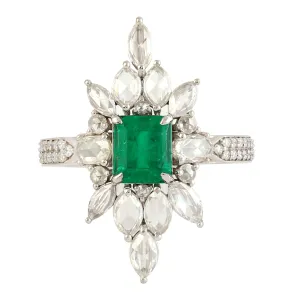 Uncut Diamond Rose Cut Diamond Emerald Wedding Long Ring in 18k White Gold