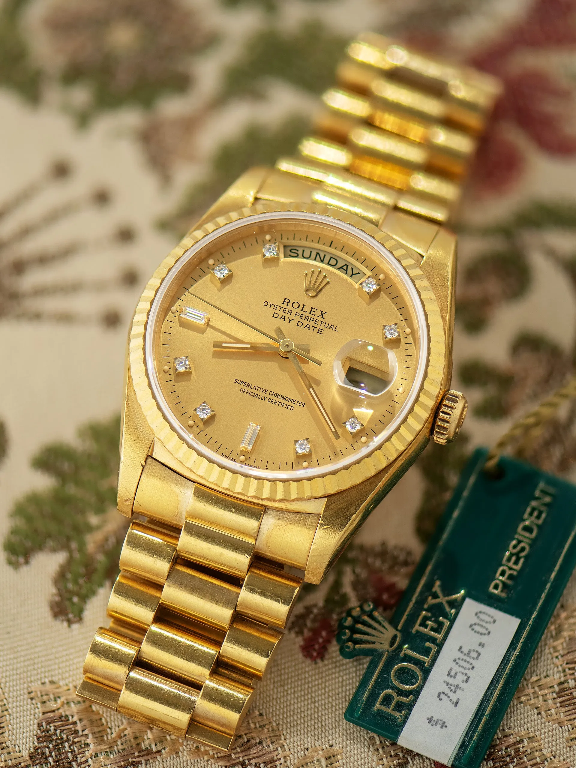 *Unpolished* 1988 Rolex Day-Date 18K YG (Ref. 18238) Champagne Diamond Dial W/ Box & Papers