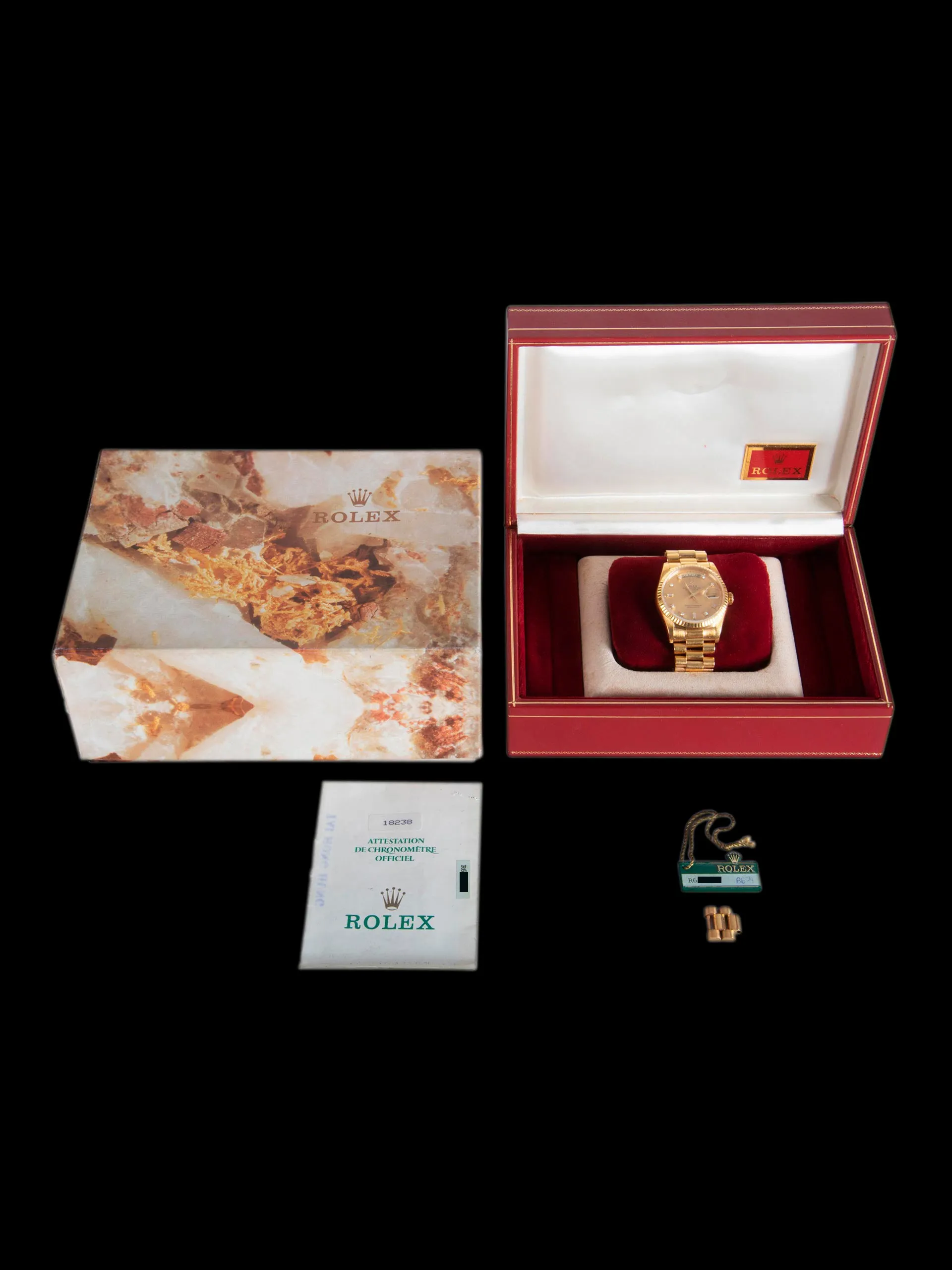 *Unpolished* 1988 Rolex Day-Date 18K YG (Ref. 18238) Champagne Diamond Dial W/ Box & Papers