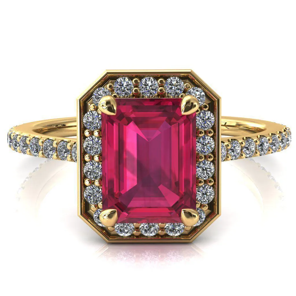 Valma Emerald Ruby Floating Diamond Halo and Sides Ring