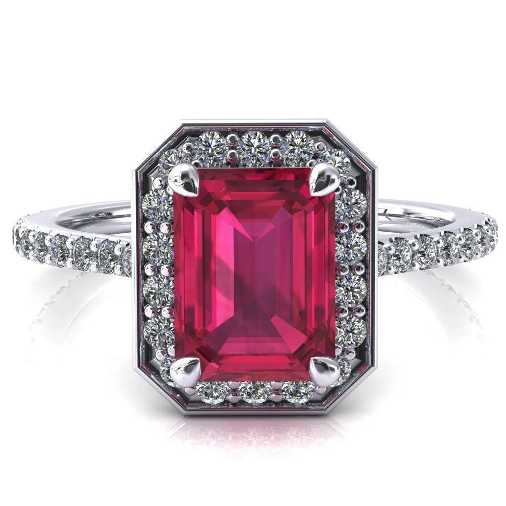 Valma Emerald Ruby Floating Diamond Halo and Sides Ring