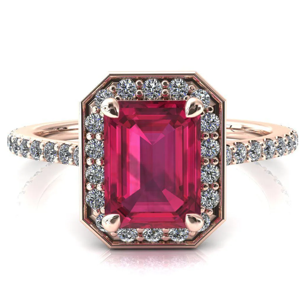 Valma Emerald Ruby Floating Diamond Halo and Sides Ring