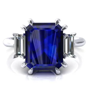 Venice Emerald Blue Sapphire with Diamond Baguette 3 Stone Ring