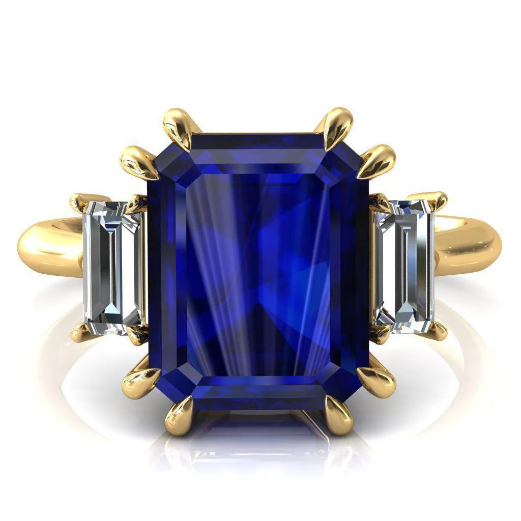 Venice Emerald Blue Sapphire with Diamond Baguette 3 Stone Ring