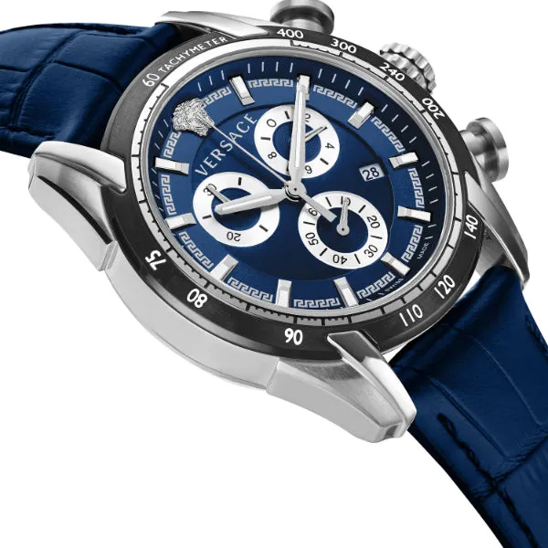 Versace V-Ray Navy Blue Leather Strap Navy Blue Dial Chronograph Quartz Watch for Gents - VE2I00721