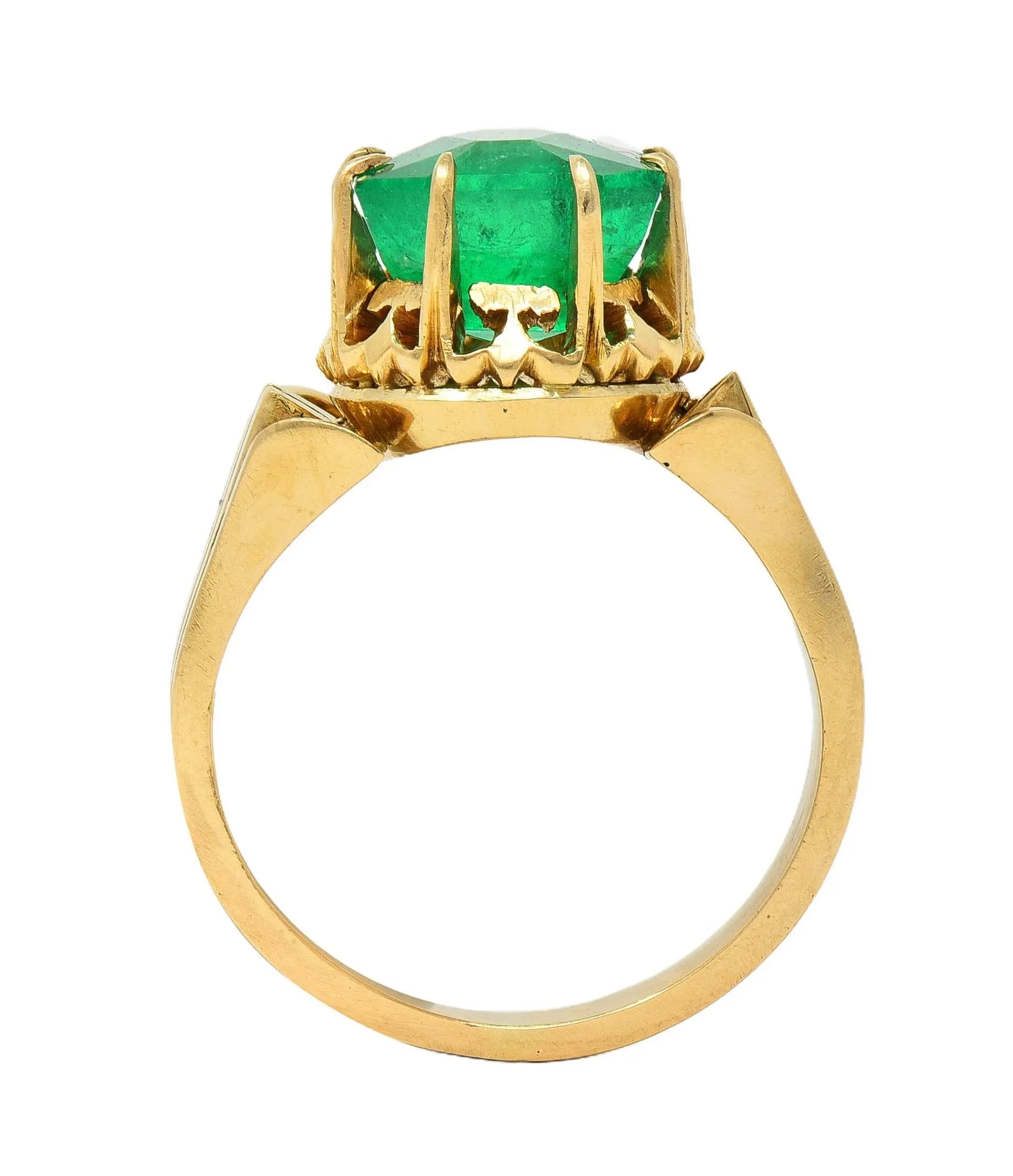 Victorian 3.60 CTW Colombian Emerald 14 Karat Yellow Gold Antique Crown Solitaire Ring GIA