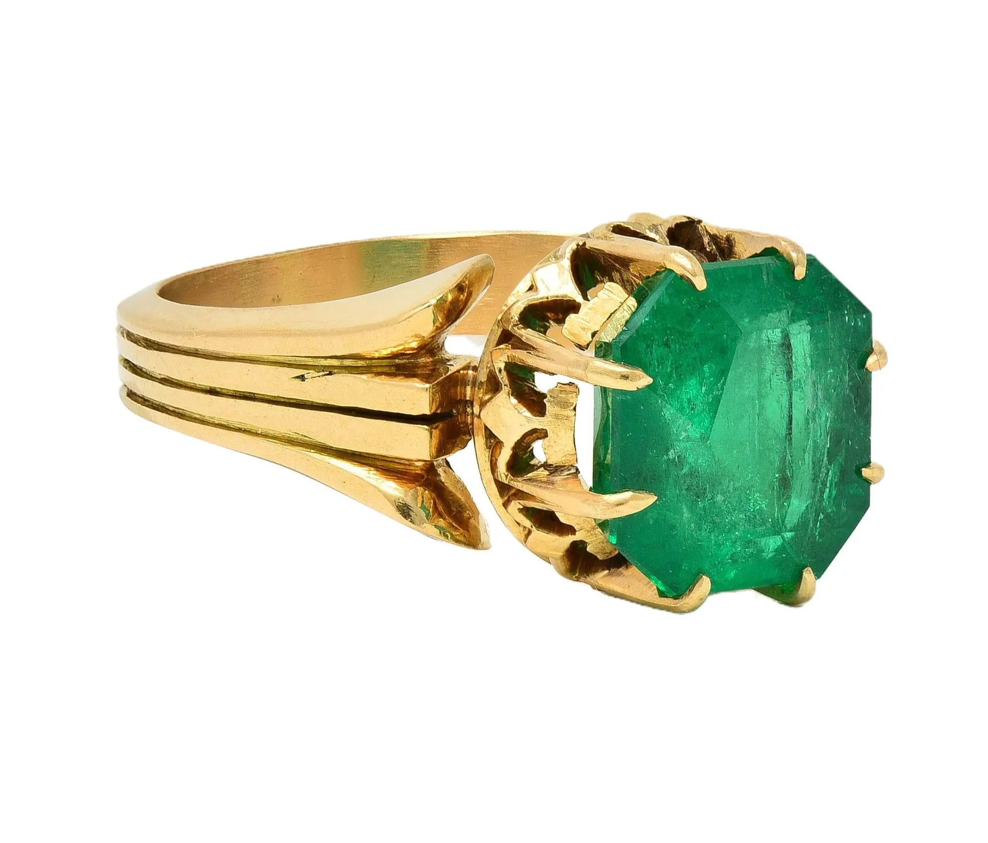 Victorian 3.60 CTW Colombian Emerald 14 Karat Yellow Gold Antique Crown Solitaire Ring GIA