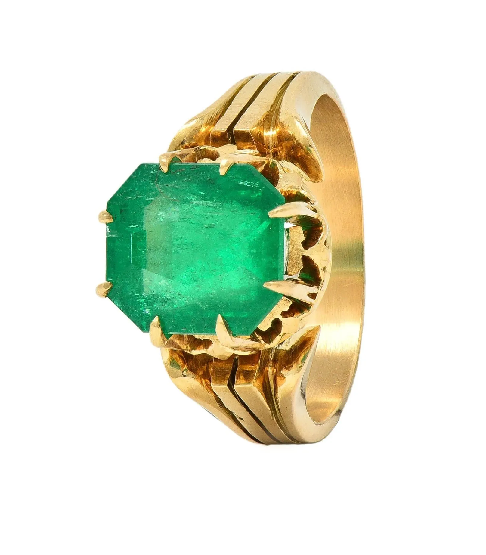 Victorian 3.60 CTW Colombian Emerald 14 Karat Yellow Gold Antique Crown Solitaire Ring GIA