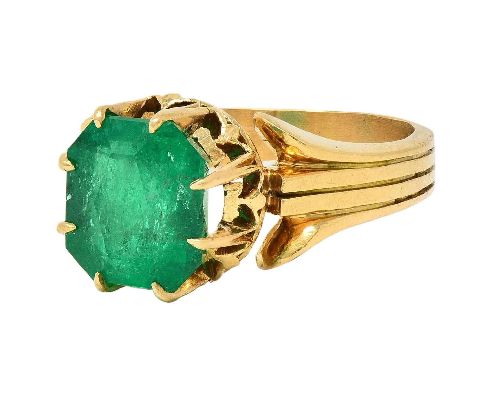 Victorian 3.60 CTW Colombian Emerald 14 Karat Yellow Gold Antique Crown Solitaire Ring GIA