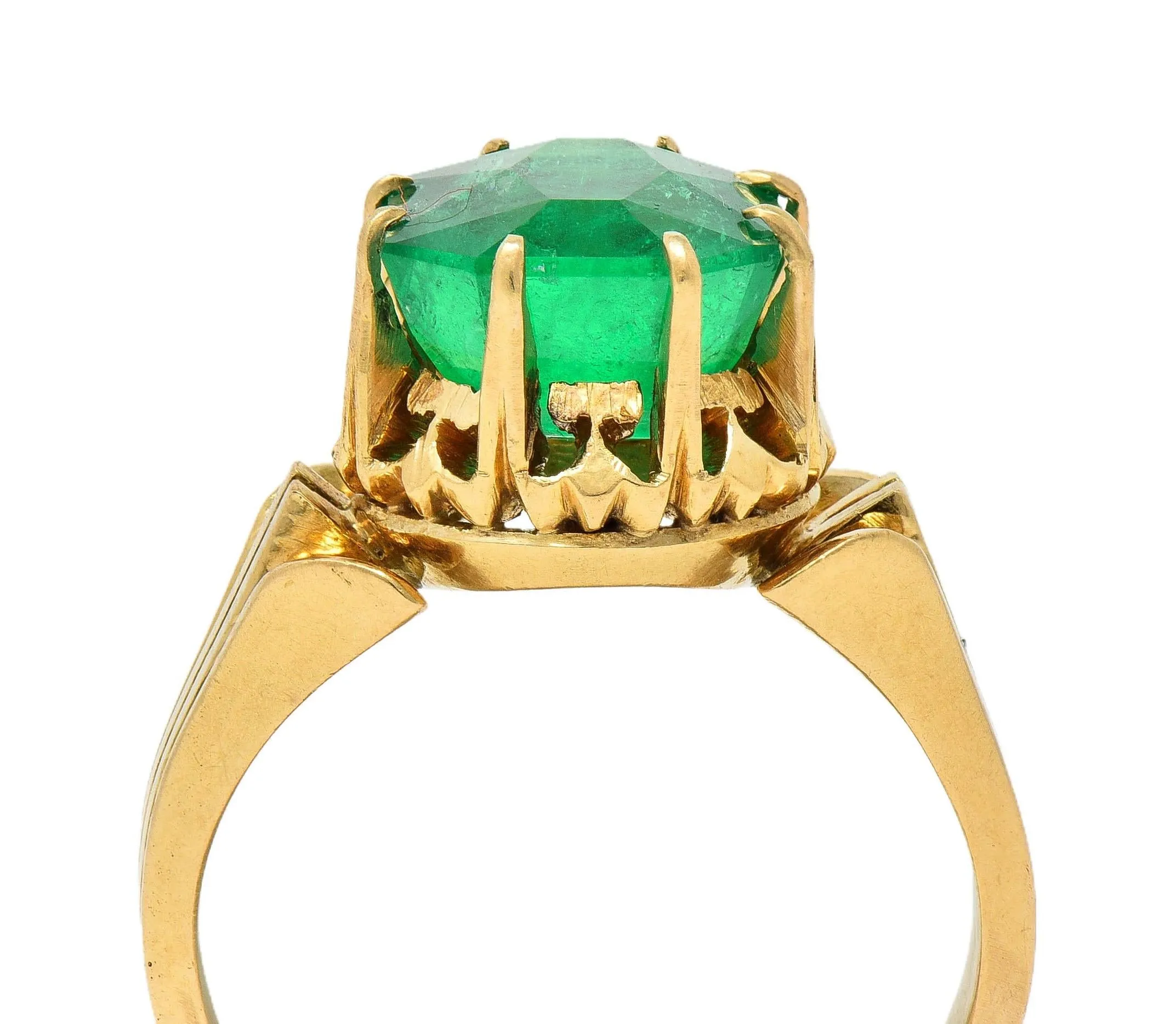 Victorian 3.60 CTW Colombian Emerald 14 Karat Yellow Gold Antique Crown Solitaire Ring GIA