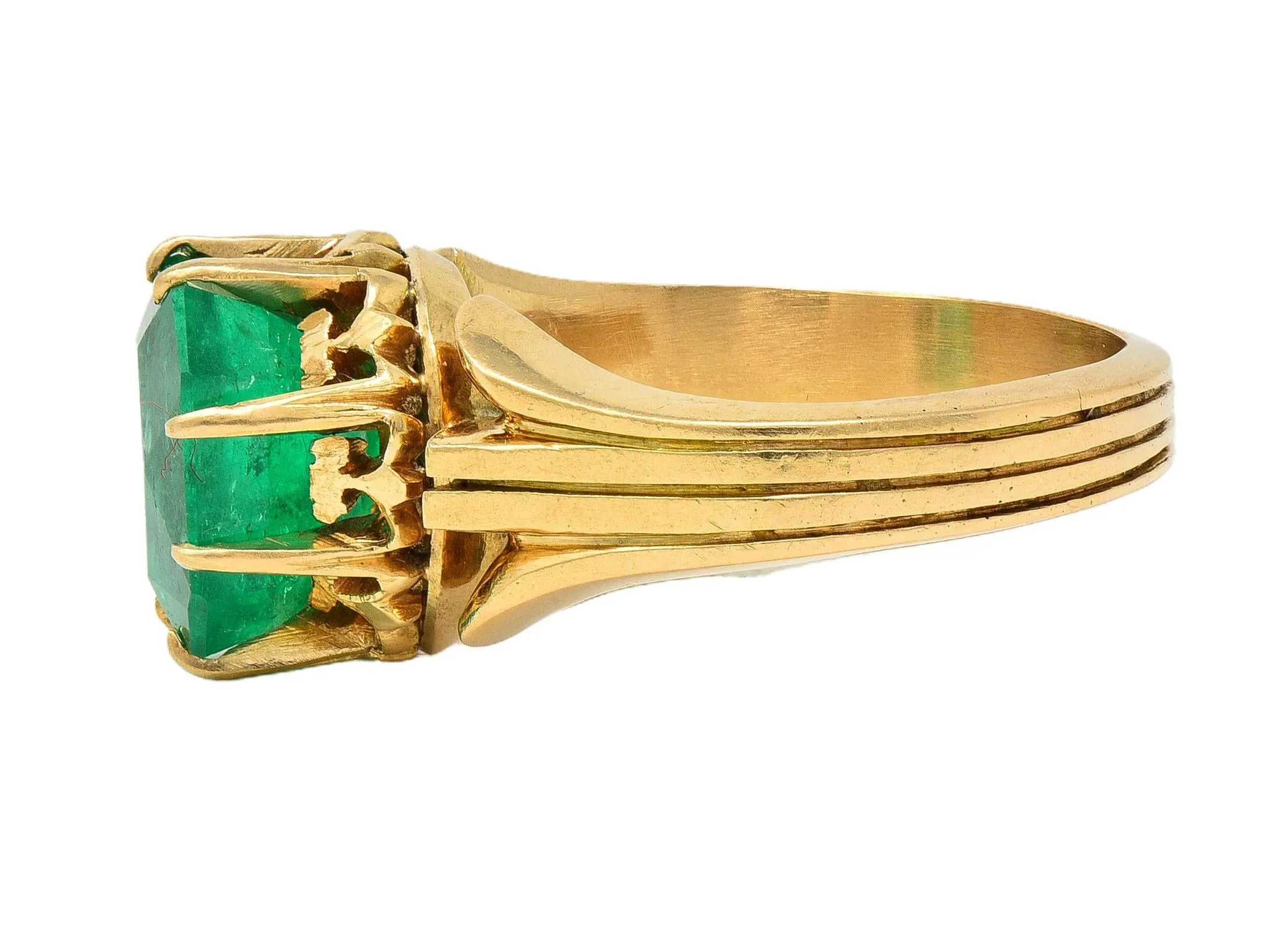 Victorian 3.60 CTW Colombian Emerald 14 Karat Yellow Gold Antique Crown Solitaire Ring GIA