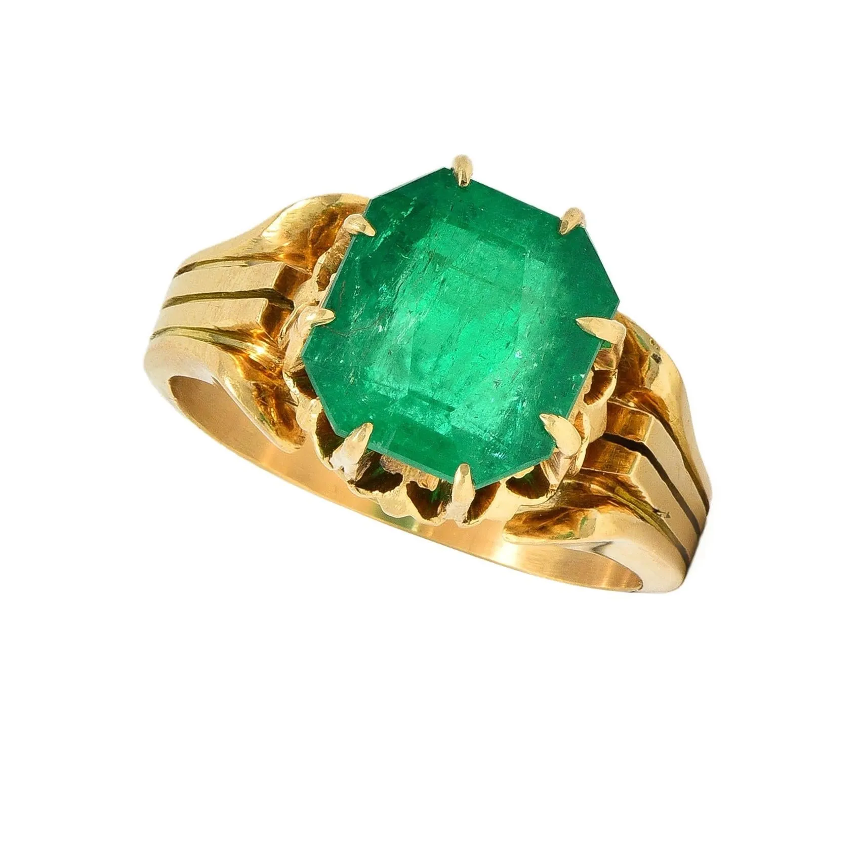 Victorian 3.60 CTW Colombian Emerald 14 Karat Yellow Gold Antique Crown Solitaire Ring GIA