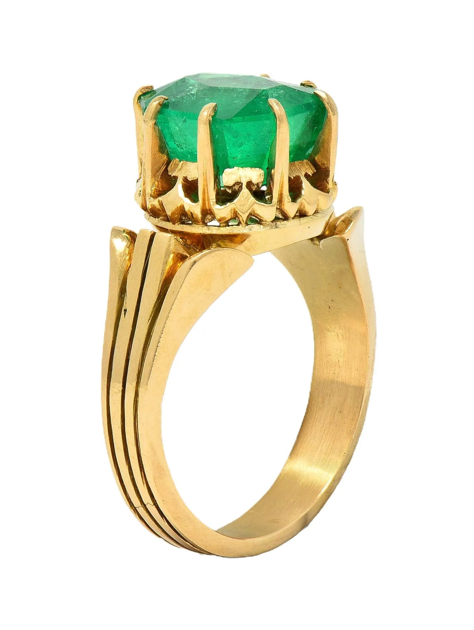 Victorian 3.60 CTW Colombian Emerald 14 Karat Yellow Gold Antique Crown Solitaire Ring GIA