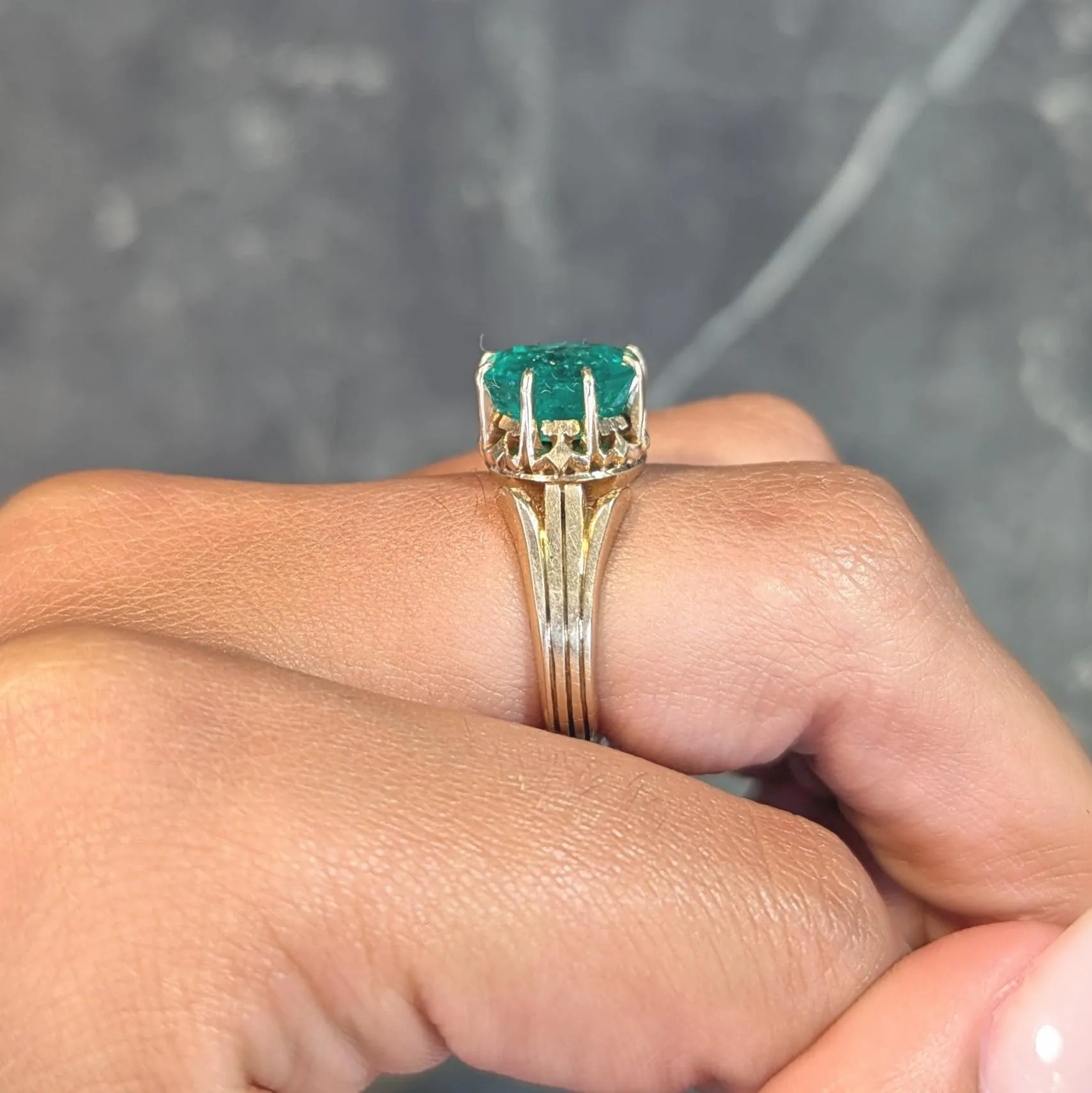 Victorian 3.60 CTW Colombian Emerald 14 Karat Yellow Gold Antique Crown Solitaire Ring GIA