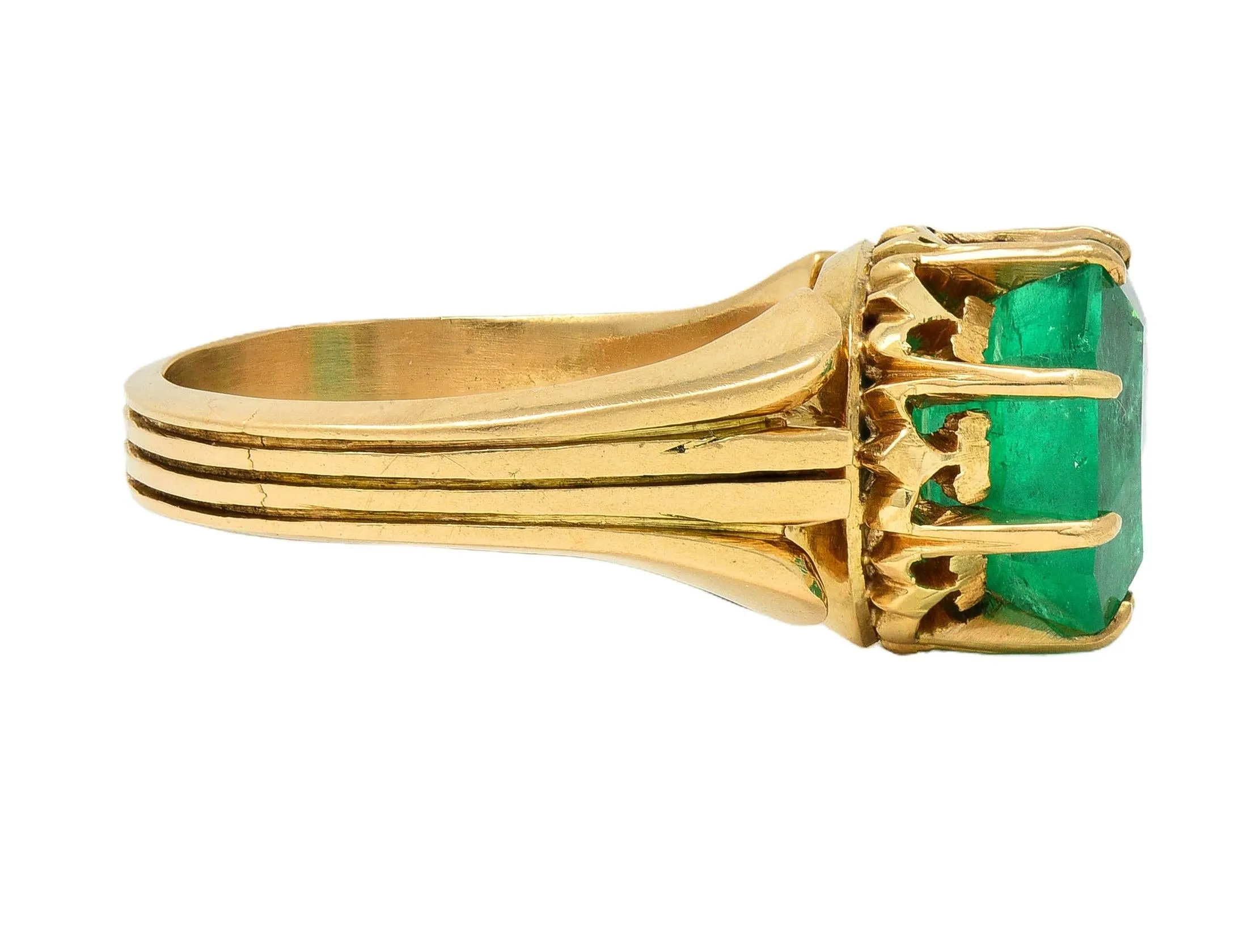 Victorian 3.60 CTW Colombian Emerald 14 Karat Yellow Gold Antique Crown Solitaire Ring GIA