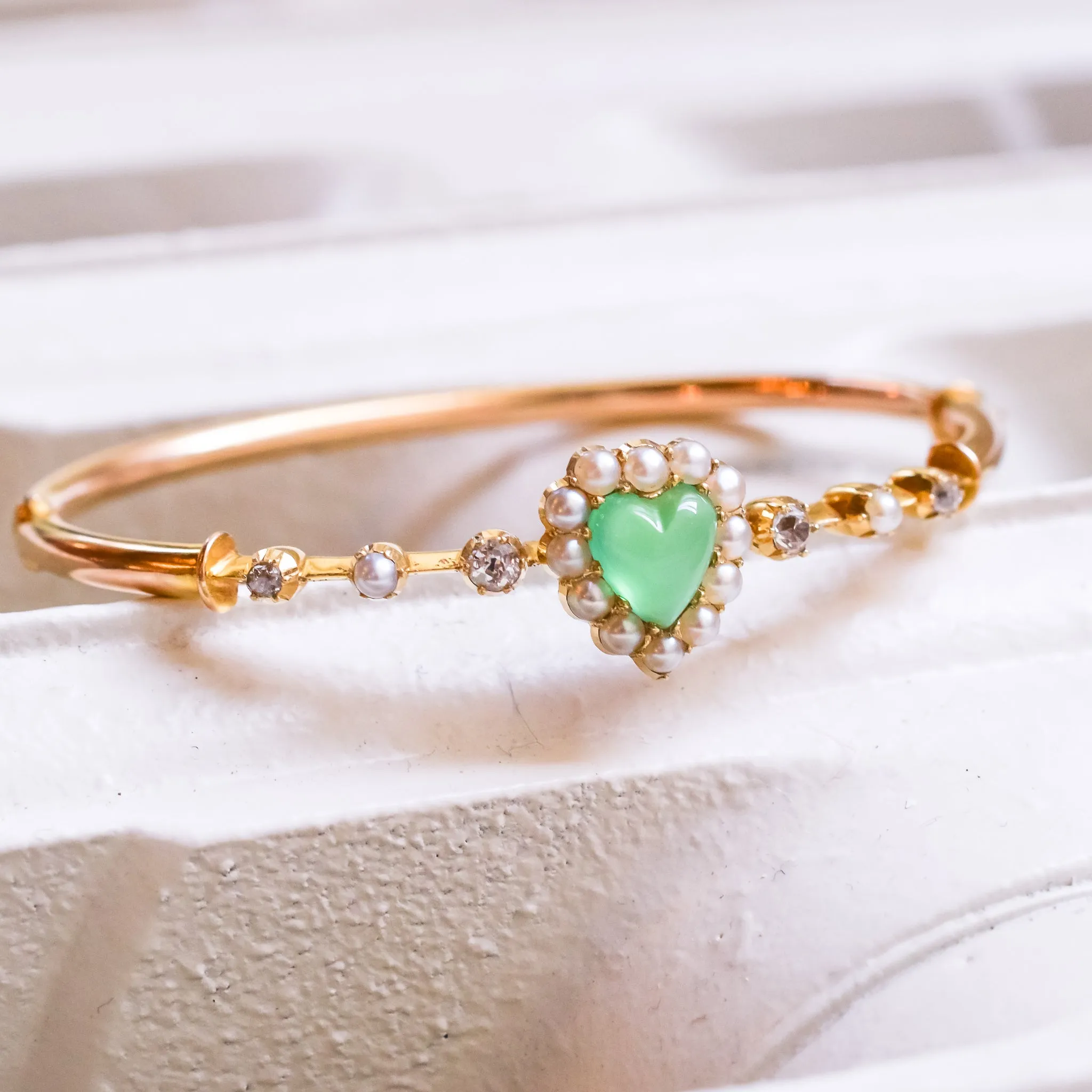 Victorian Chrysoprase Pearl & Diamond Heart Bangle