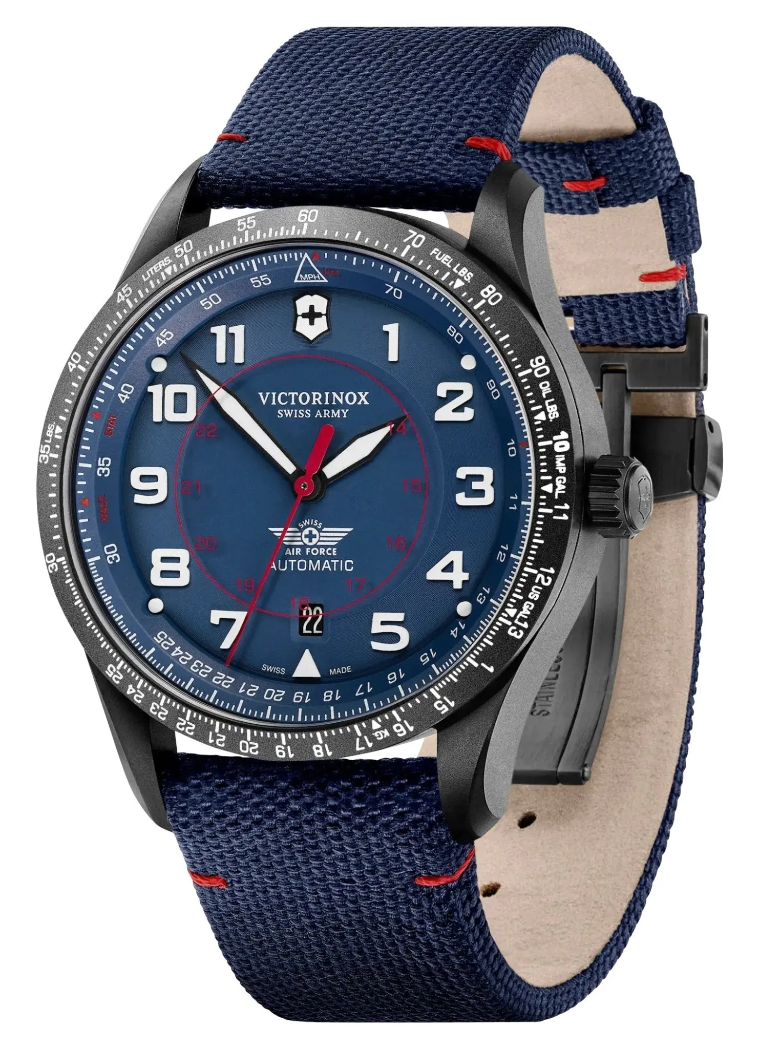 Victorinox Swiss Army Airboss Mechanical Automatic Black Stainless Steel Blue Dial Blue Fabric Strap Date Mens Watch 241998