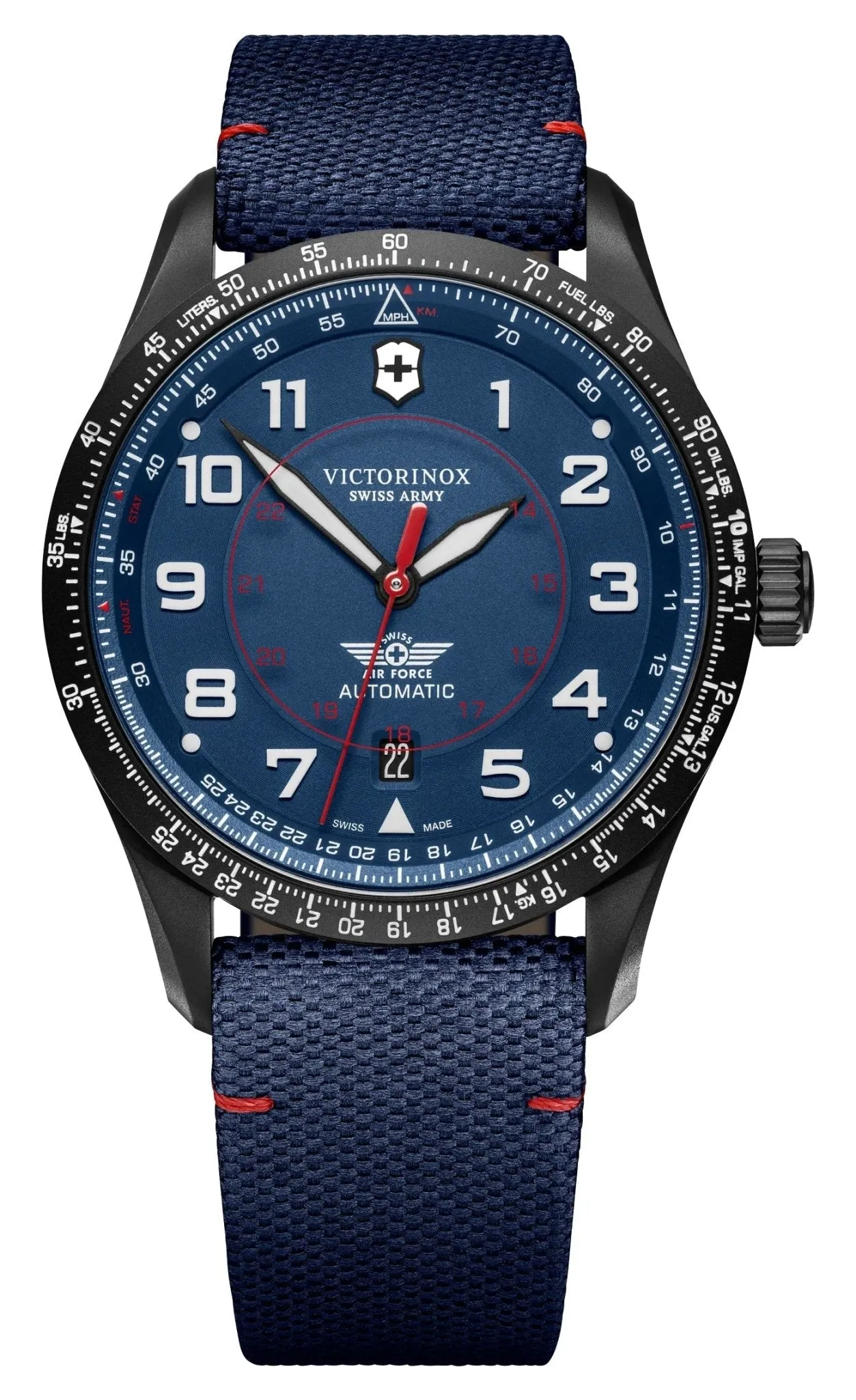 Victorinox Swiss Army Airboss Mechanical Automatic Black Stainless Steel Blue Dial Blue Fabric Strap Date Mens Watch 241998