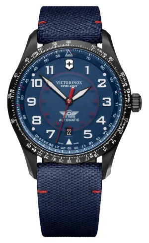 Victorinox Swiss Army Airboss Mechanical Automatic Black Stainless Steel Blue Dial Blue Fabric Strap Date Mens Watch 241998