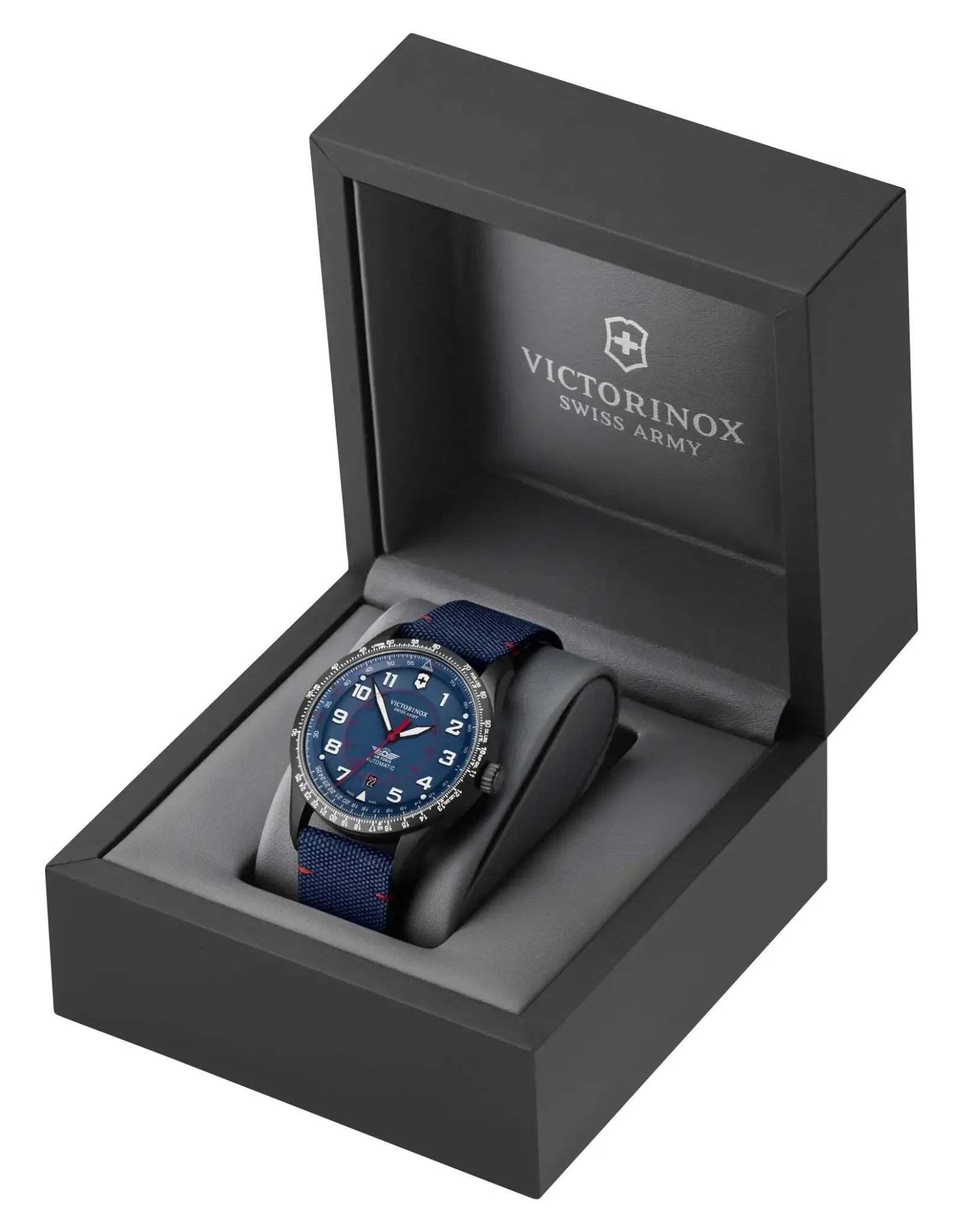 Victorinox Swiss Army Airboss Mechanical Automatic Black Stainless Steel Blue Dial Blue Fabric Strap Date Mens Watch 241998