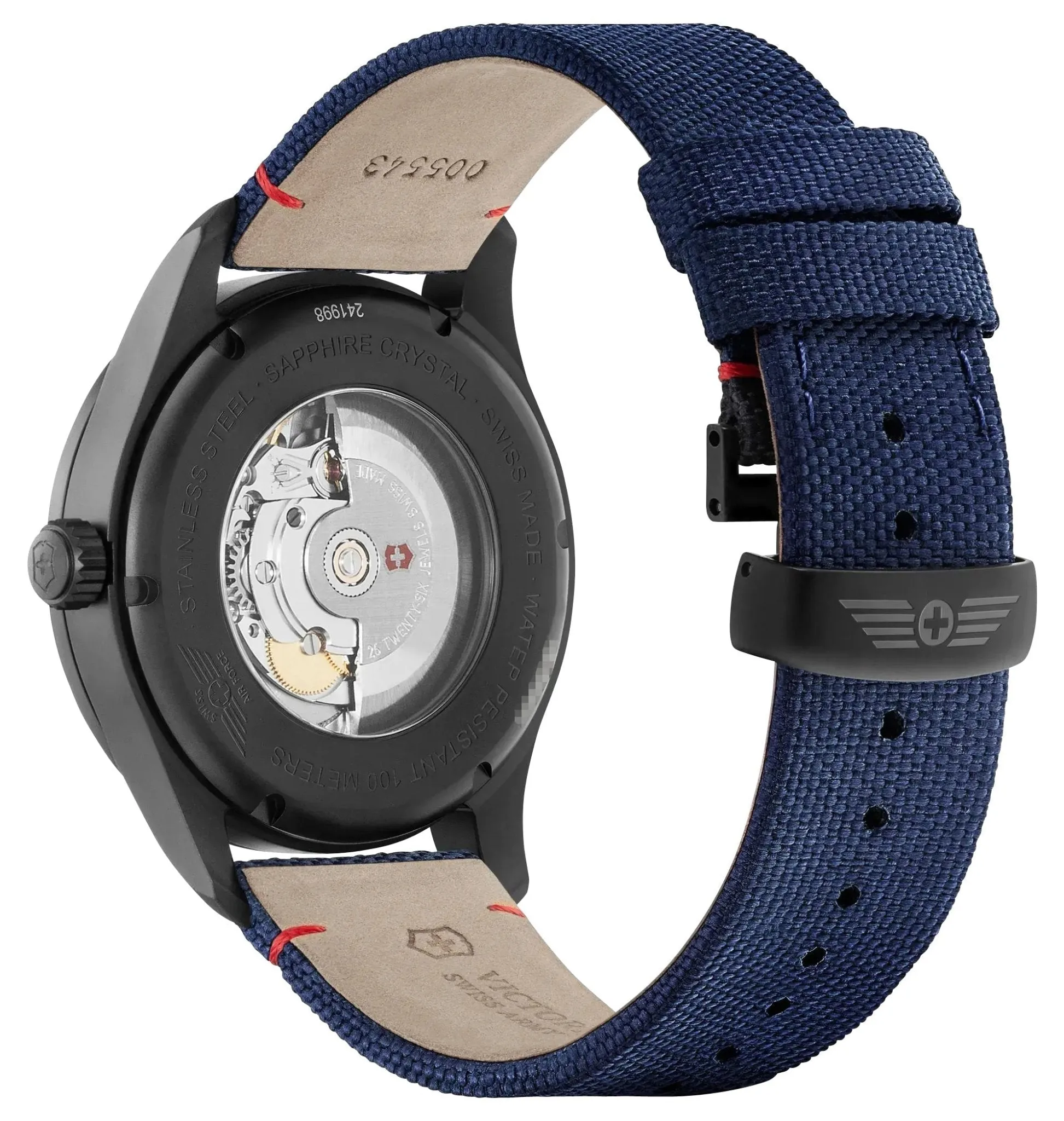 Victorinox Swiss Army Airboss Mechanical Automatic Black Stainless Steel Blue Dial Blue Fabric Strap Date Mens Watch 241998
