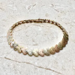 Vintage 14 Karat Tri-Tone Gold Heart Bracelet